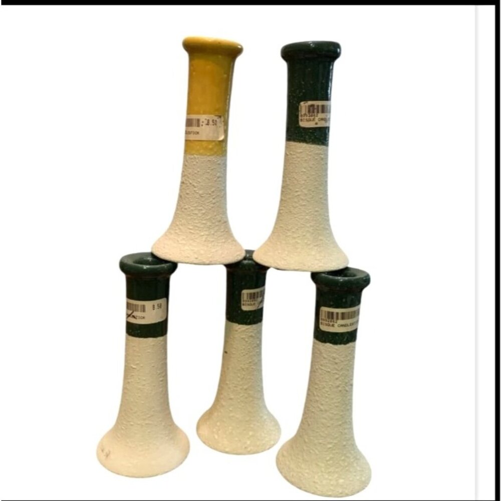Set Of 5 Bisque Candlesticks With Textured Design In Green & Yellow